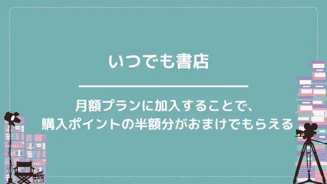 いつでも書店|月額プランに加入することで、購入ポイントの半額分がおまけでもらえる